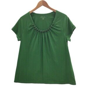 Kim Rogers Womens Green Wood Beaded Top Size L Short Sleeve Round Neck